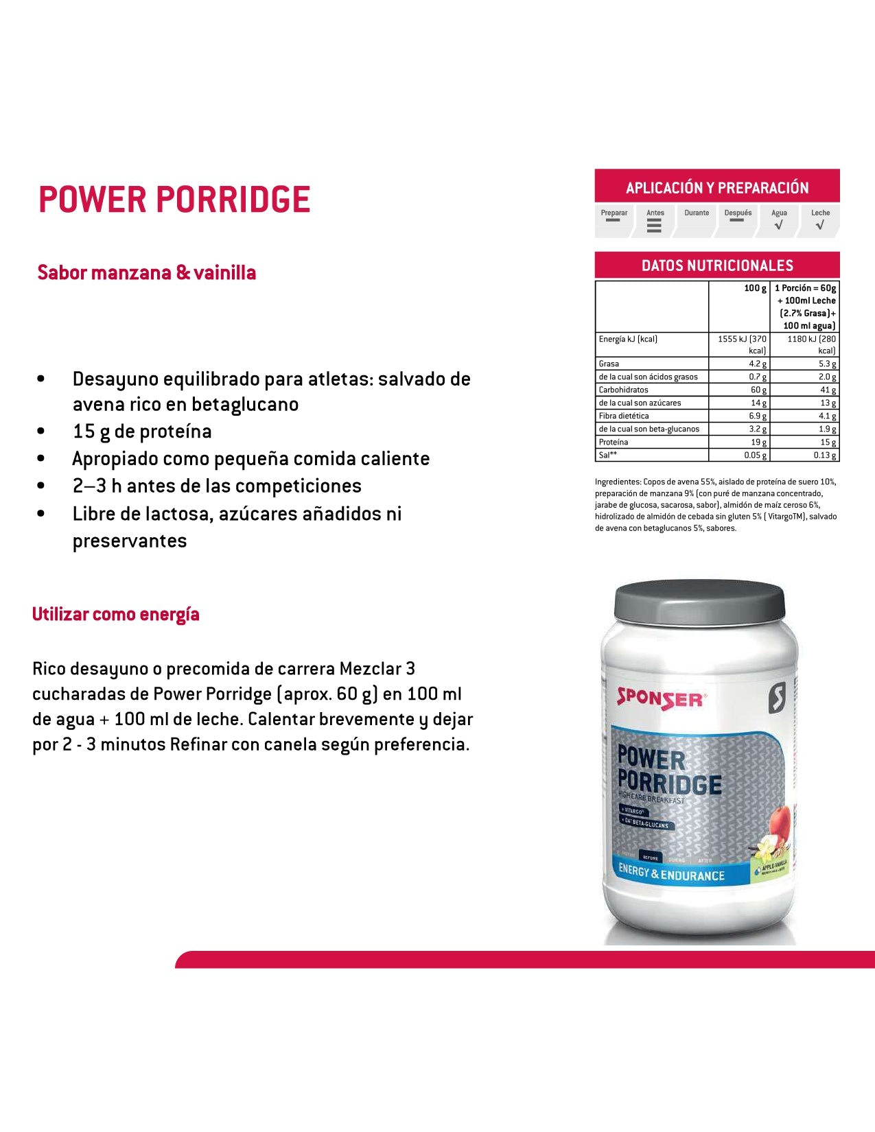 DESAYUNO POWER PORRIDGE APPLE-VANILLA 840g SPONSER